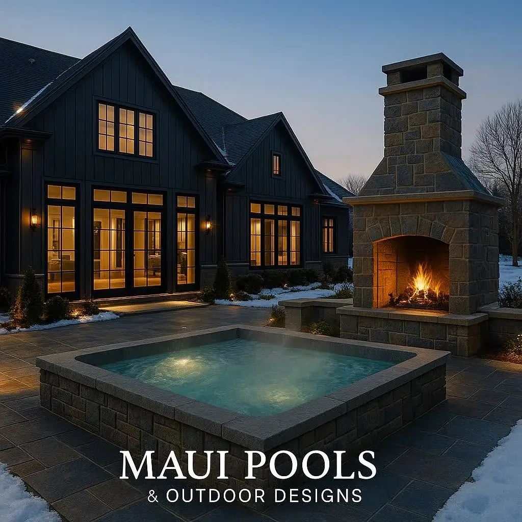 Custom outdoor spa and stone fireplace at dusk