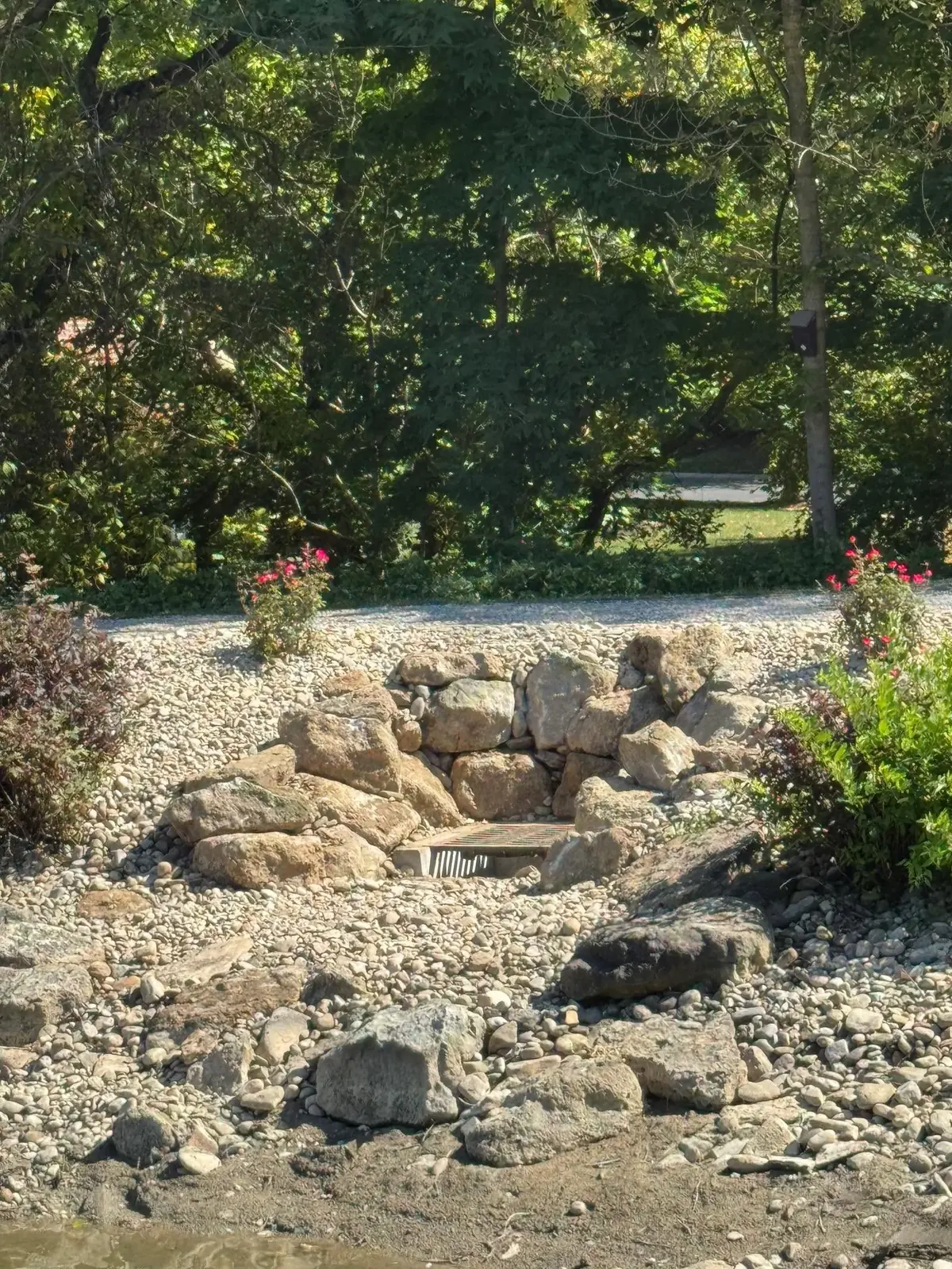 Natural stone dry creek bed water feature