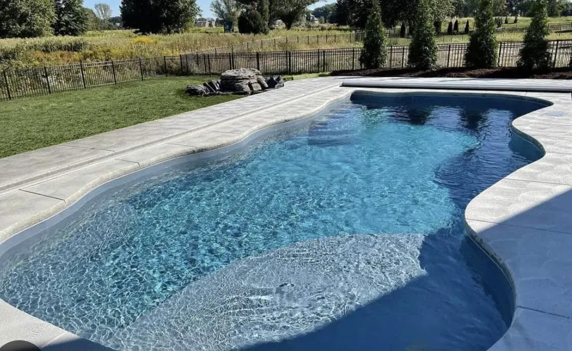 Black aluminum pool fence surrounding a freeform inground pool