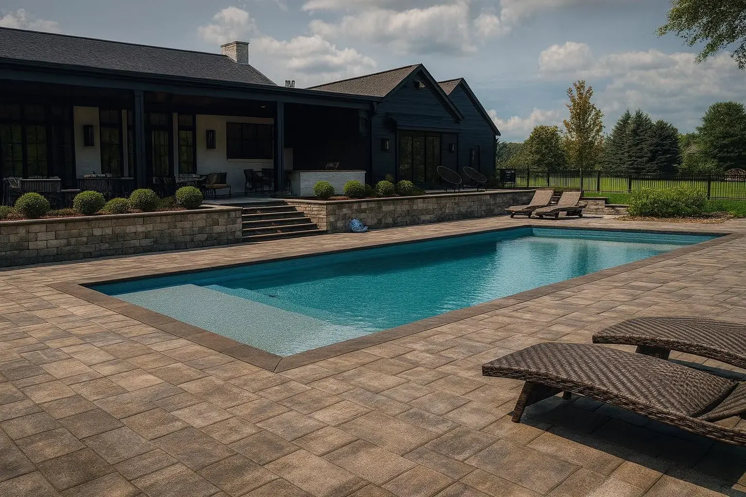 Freeform pool with stacked stone retaining wall and black metal fence