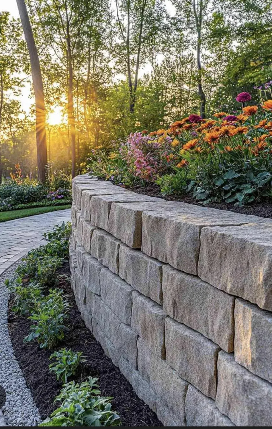 Stone retaining wall with landscaped garden at sunset